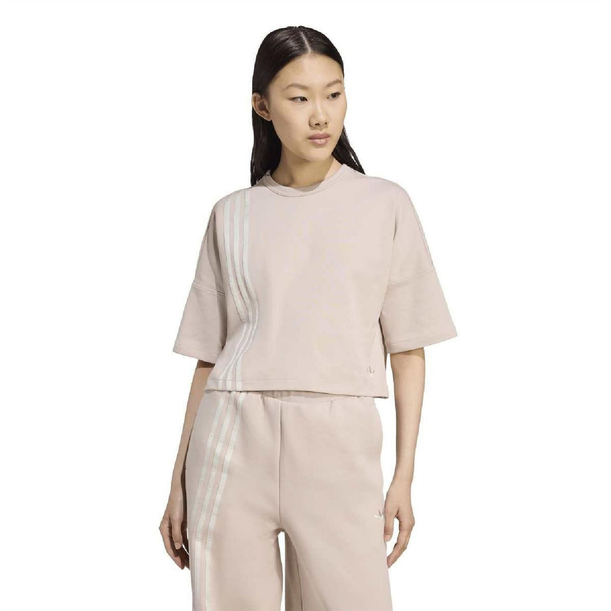 Light taupe crew-neck drop-shoulder t-shirt with vertical side stripes and short sleeves