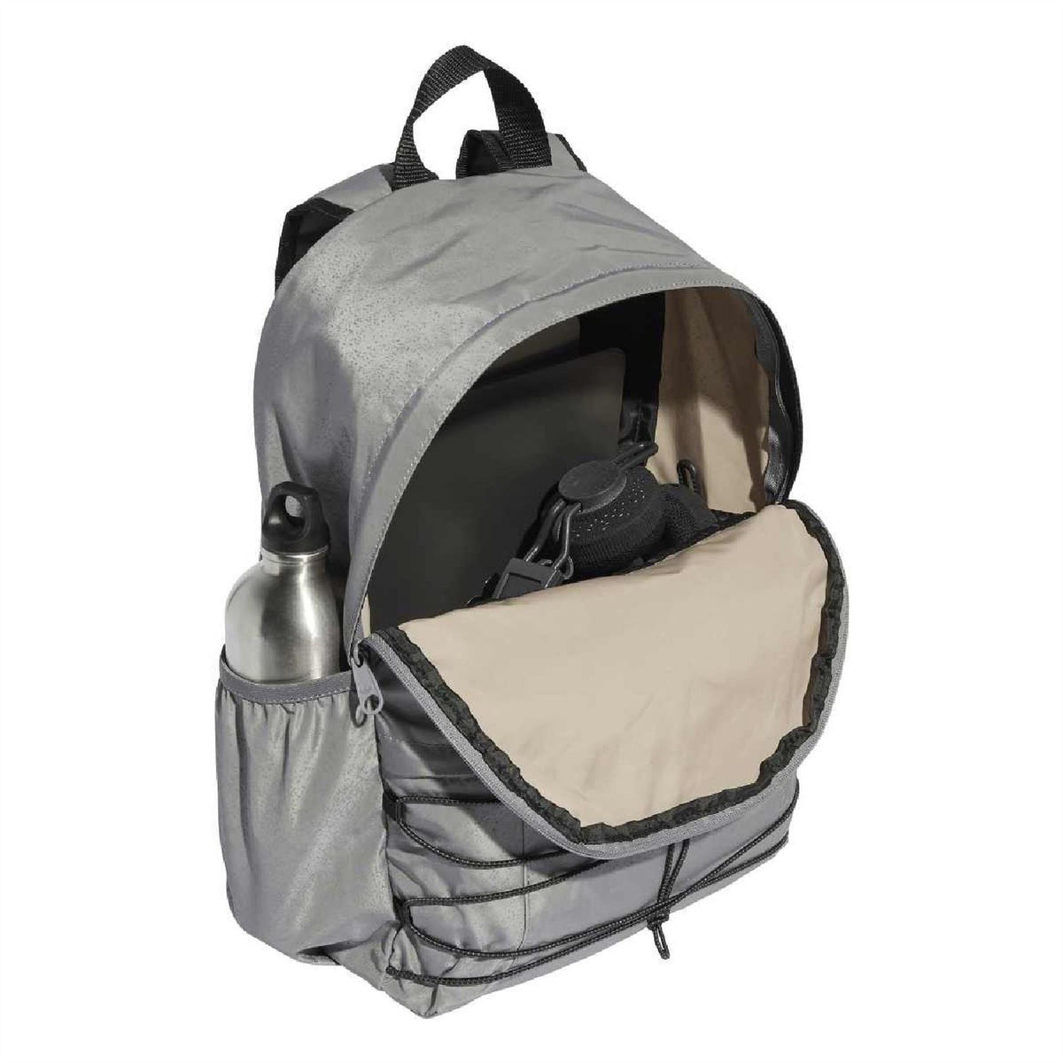 Reflective silver-gray backpack with open front organizer pocket and bottle holder