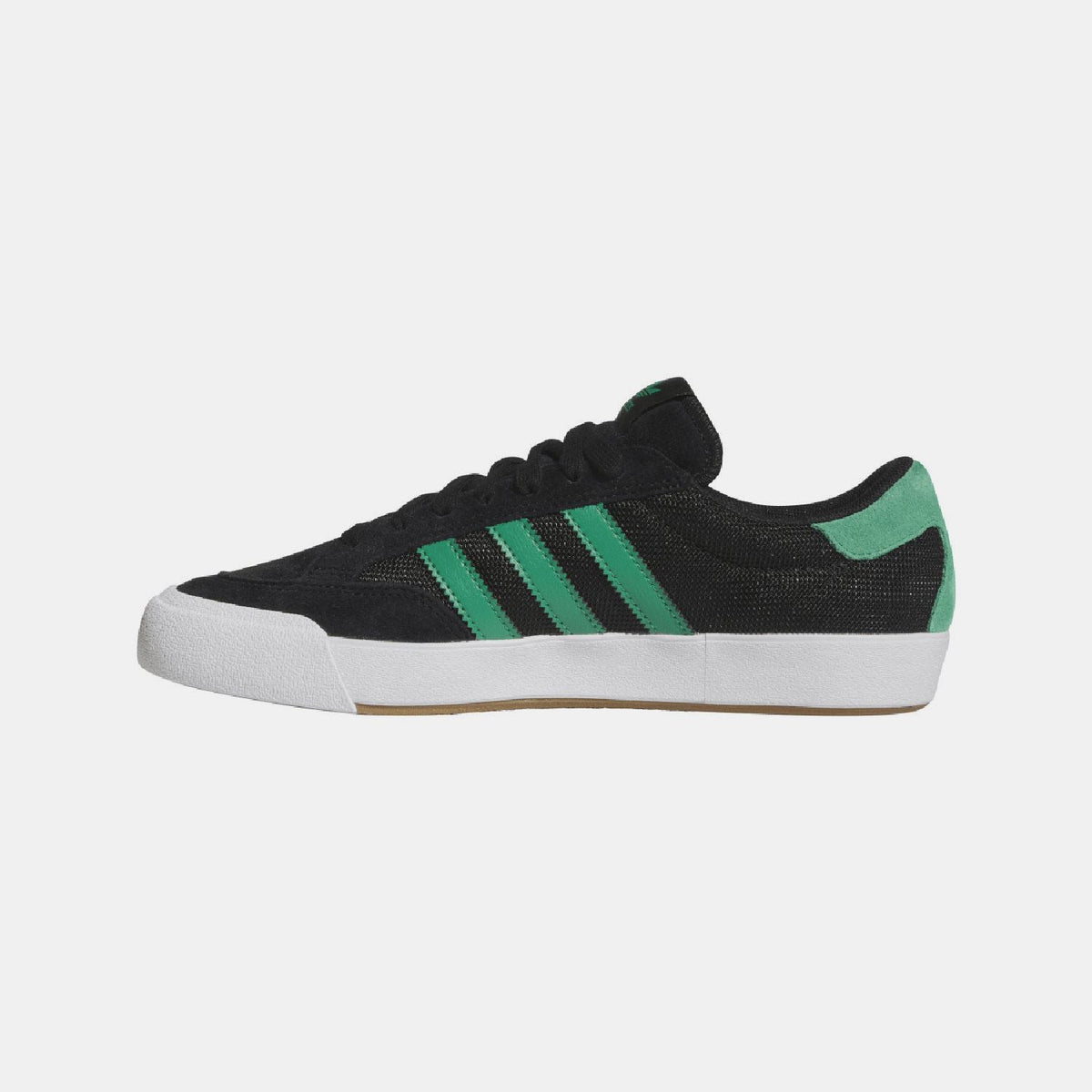 Black adidas Nora trainers with green heel panel and triple stripes, side view