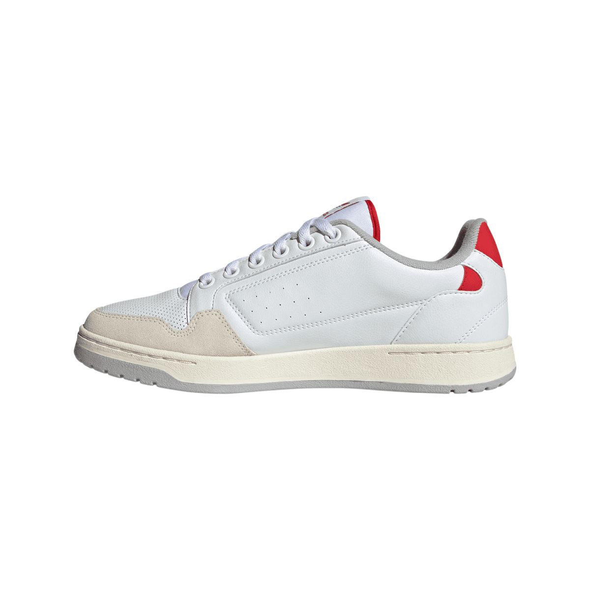White adidas Originals NY 90 trainer front-left view with red heel and beige panel