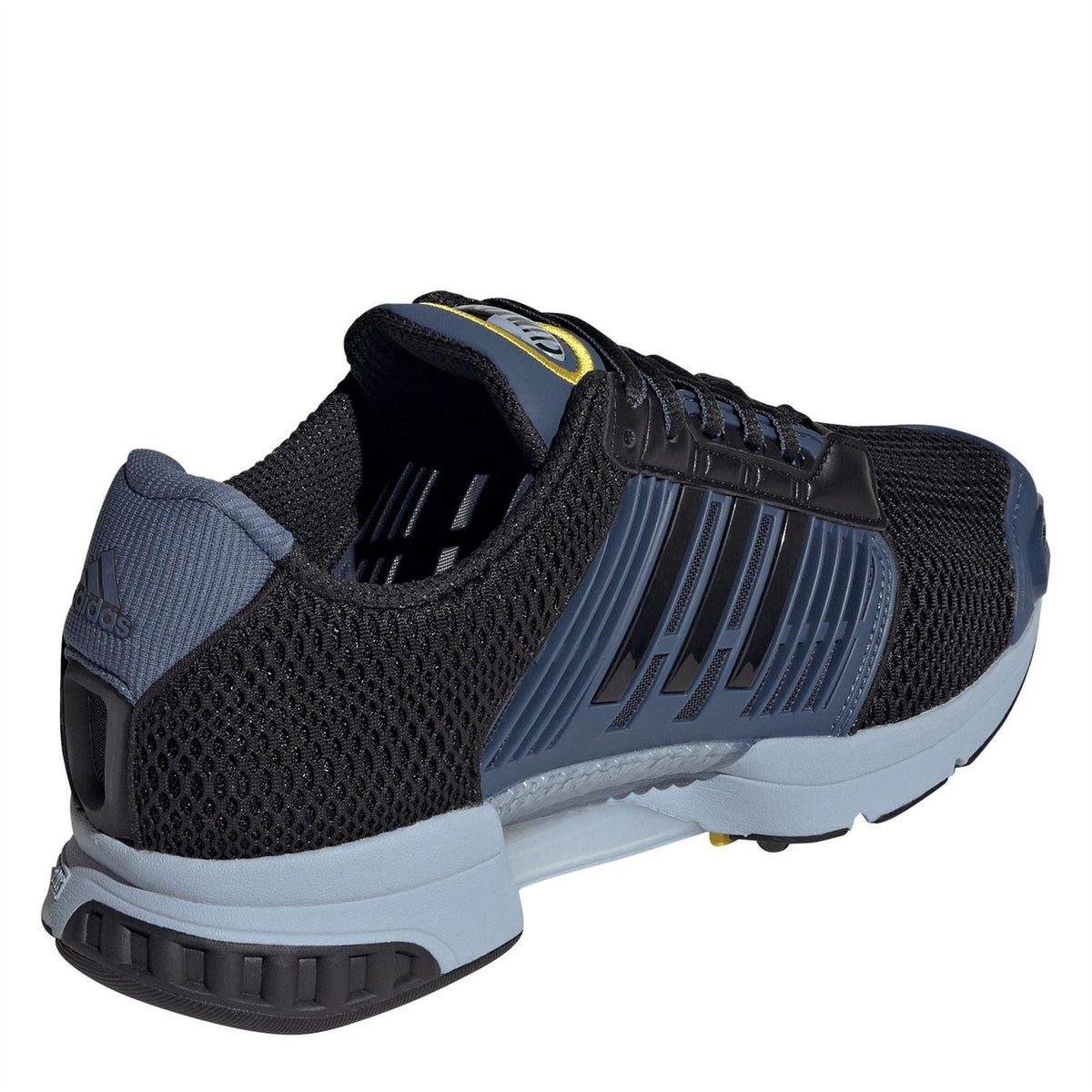 Climacool 1 sneaker heel-side view, black mesh with blue accents and gray sole