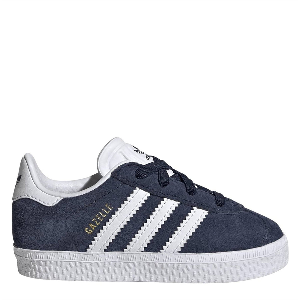 Navy infants Gazel sneakers with white adidas stripes and lace-up closure