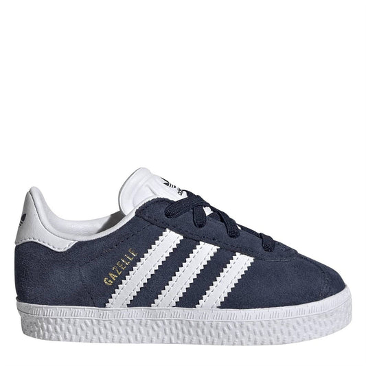Navy infants Gazel sneakers with white adidas stripes and lace-up closure