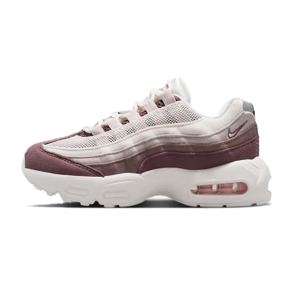 Kids' Nike Air Max 95 sneaker with mesh upper, maroon and white, visible air unit