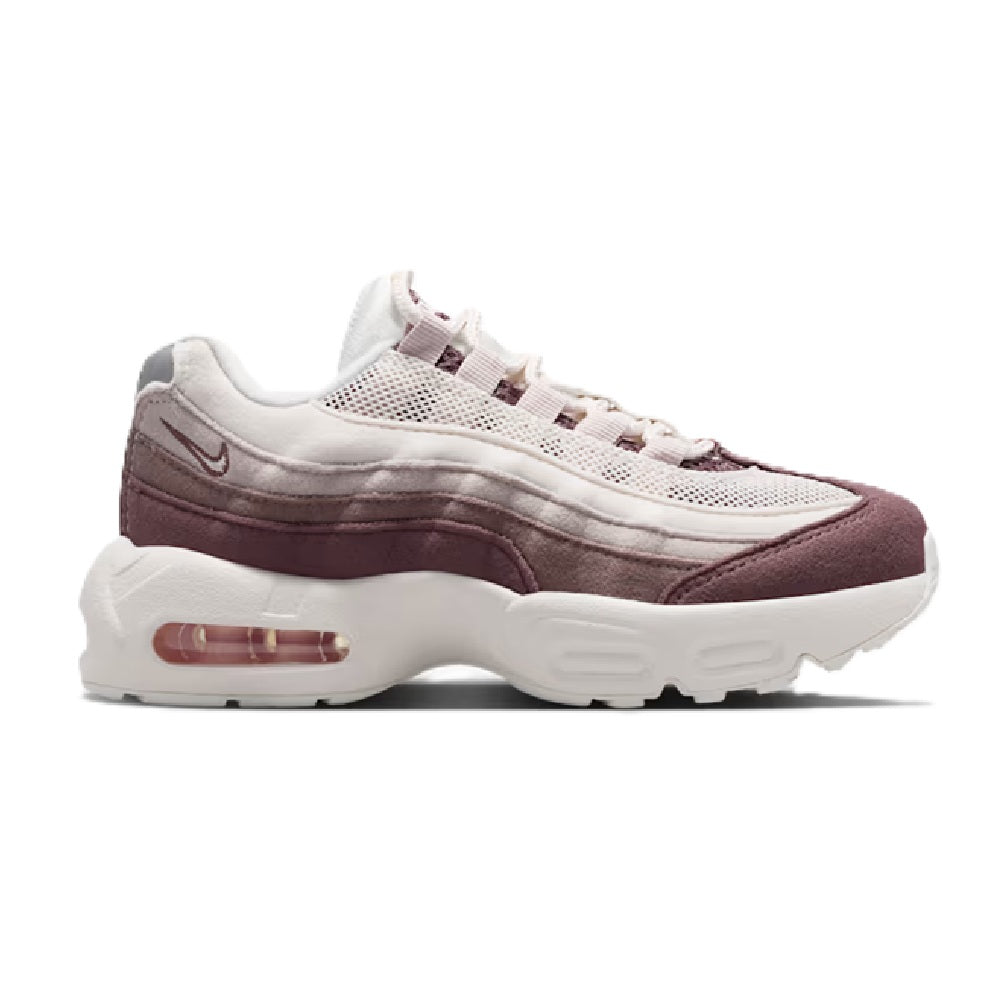 Kids' Nike Air Max 95 sneaker in maroon and white mesh, suede overlays, air cushioning sole