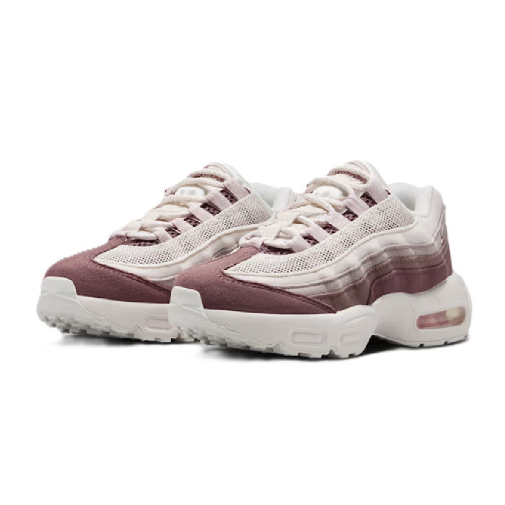 Kids' Nike Air Max 95 lace-up sneaker with maroon panels and light gray mesh