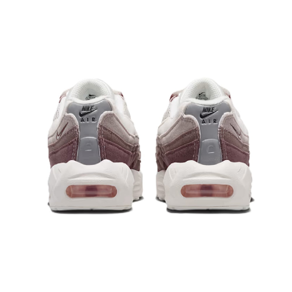 Kids' Nike Air Max 95 heel view, maroon and white suede/mesh with Air logo on back