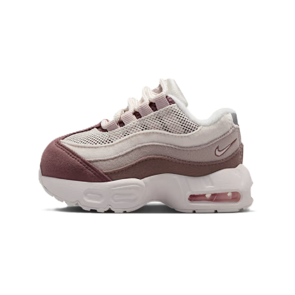 Kids' Nike Air Max 95 sneaker in light gray mesh with maroon side panel