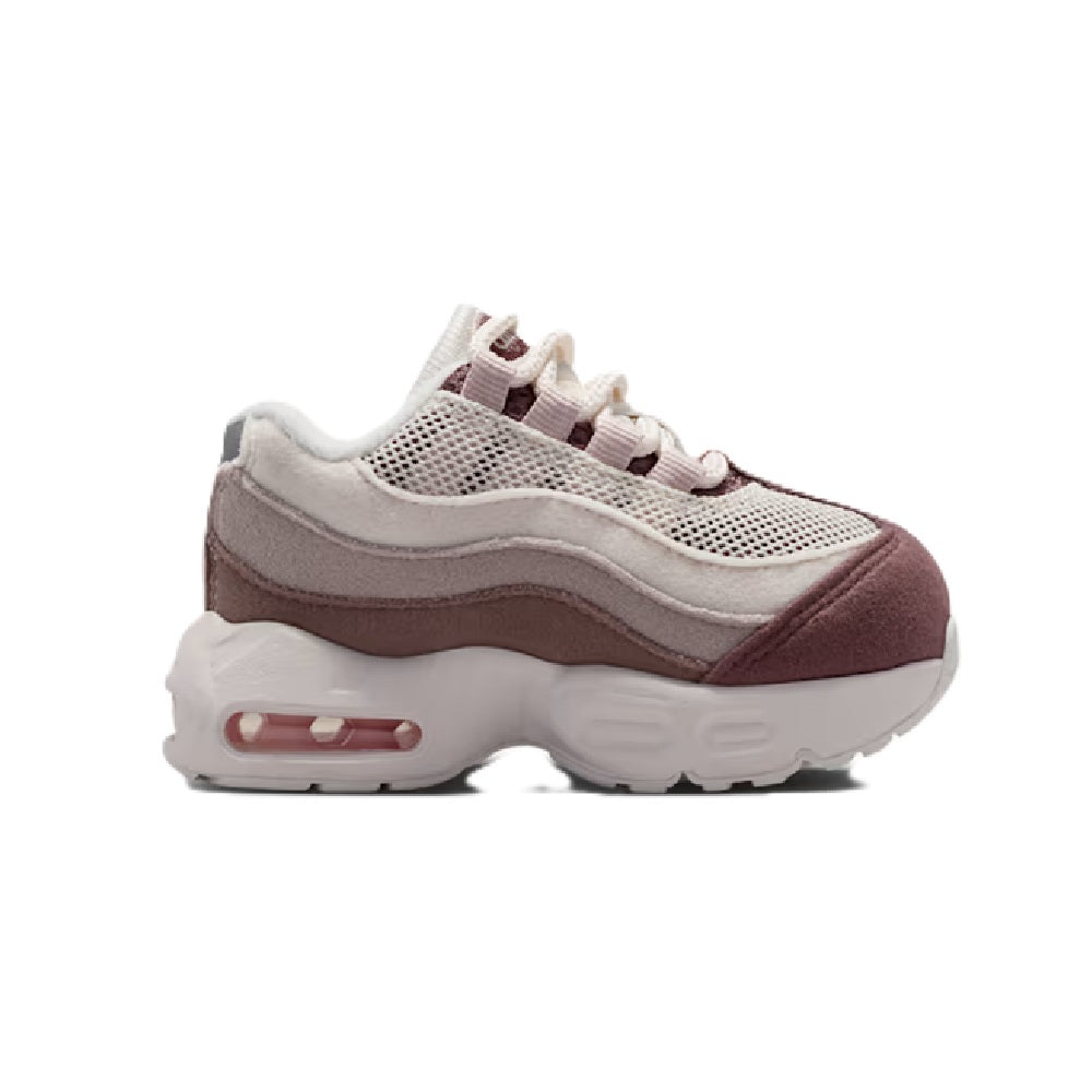 Kids' Nike Air Max 95 sneaker, side view with maroon toe and visible Air units