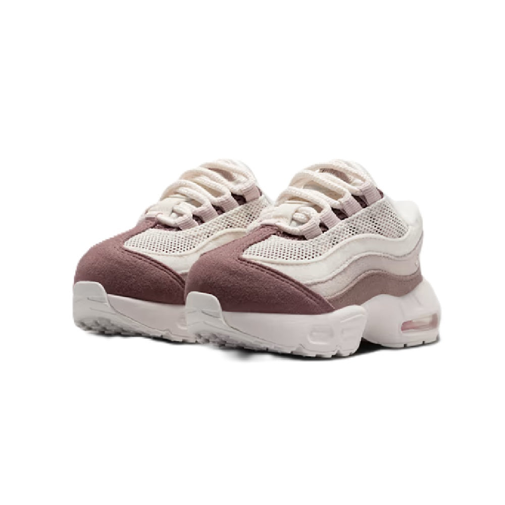 Kids' Nike Air Max 95 sneaker, front lace-up with mesh upper and maroon overlays