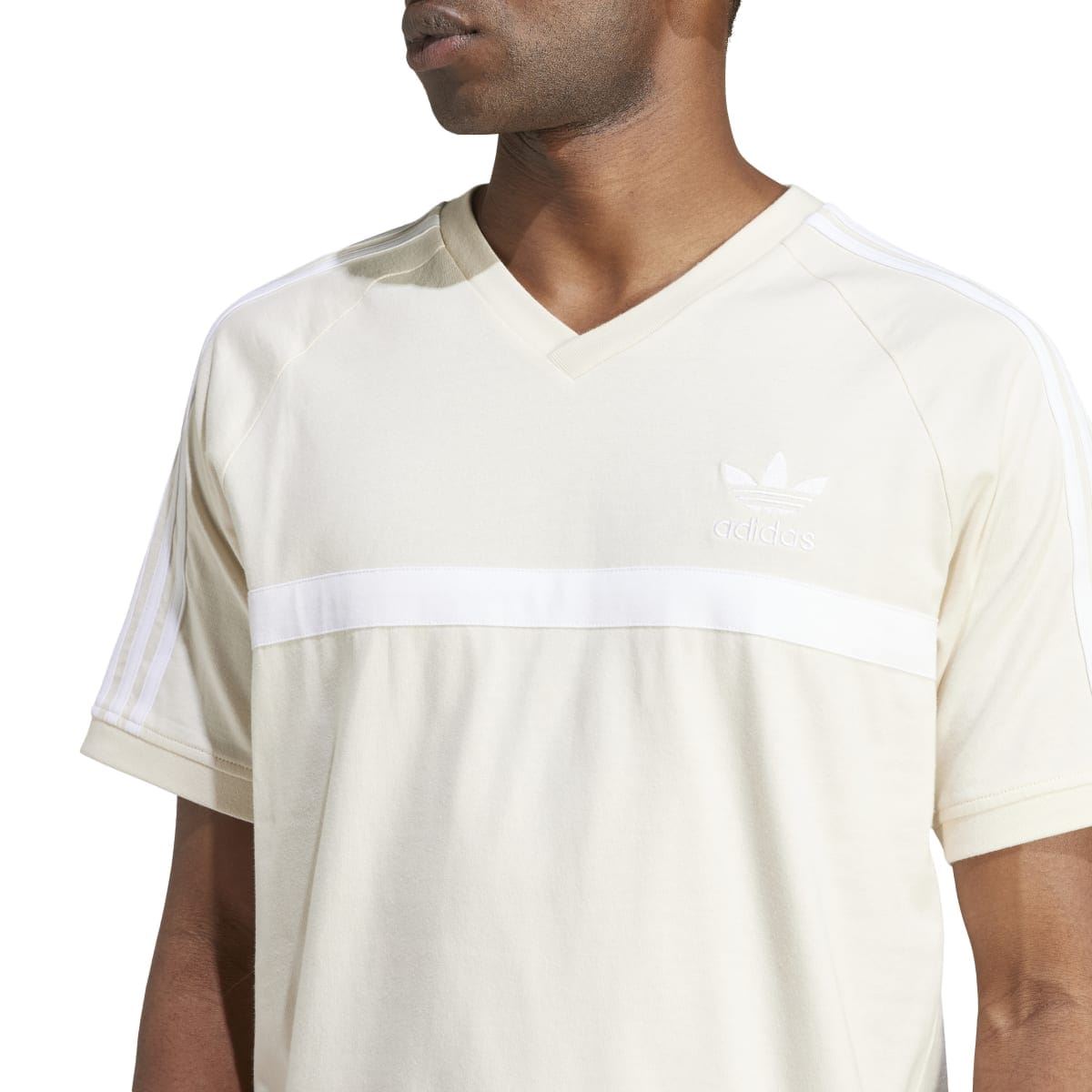Off-white V-neck panel T-shirt with adidas trefoil logo and chest stripe