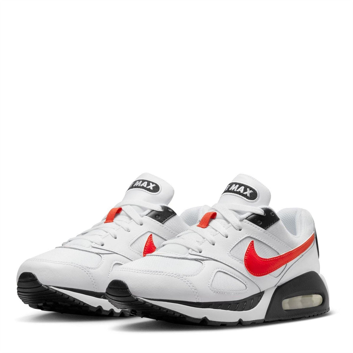 Pair of white boys' Air Max sneakers with red swoosh and Air Max heel tags