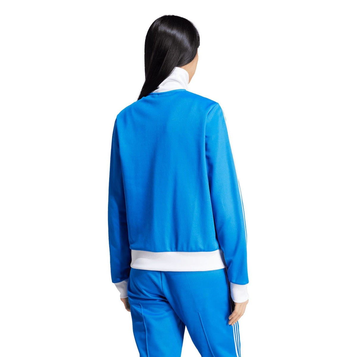Blue track jacket back view with full zip and white adidas logo stripe details