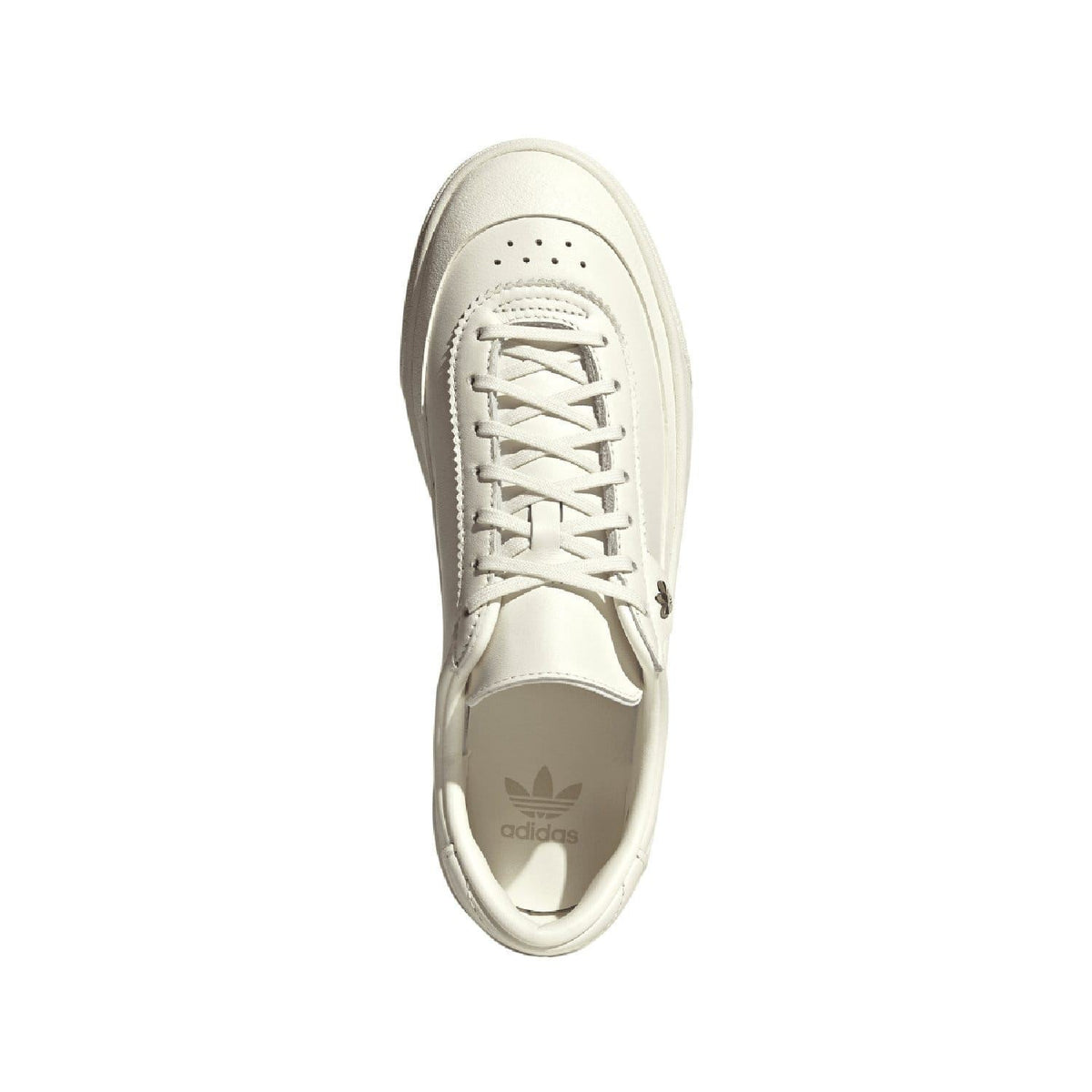 White low-top trainers with lace-up closure, perforated toe box, and adidas heel label.