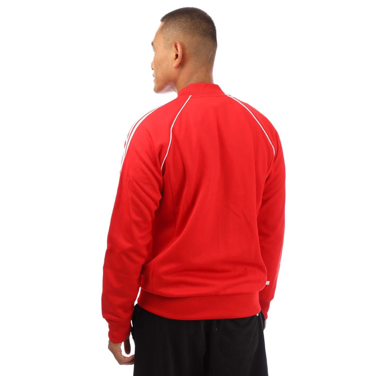 Red Adidas Originals track jacket back view with white shoulder stripes and full-zip