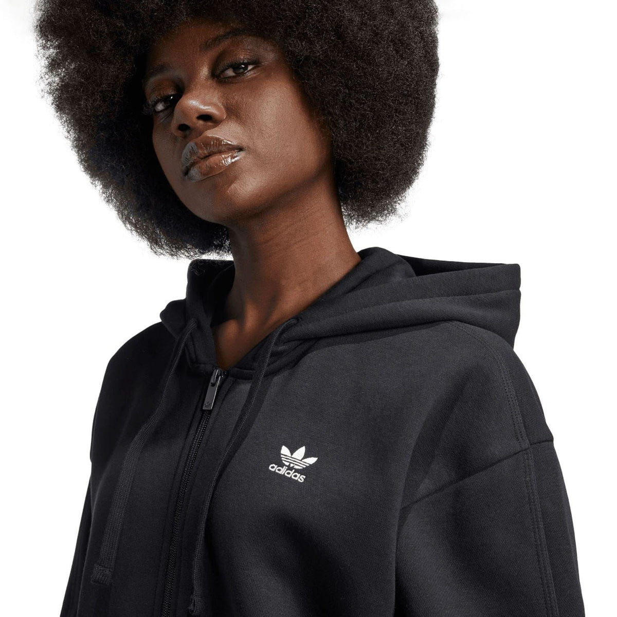 Black adidas full-zip hoodie with hood and adidas Trefoil logo on chest