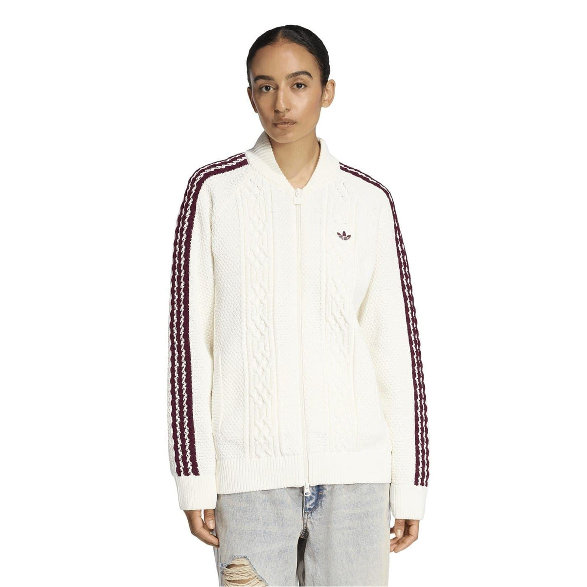 adidas Originals white cable-knit full-zip sweater with maroon stripes and ribbed cuffs