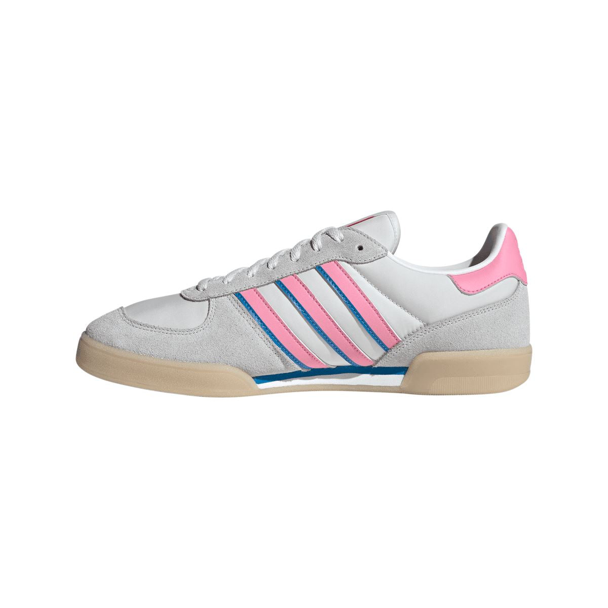 adidas Originals indoor sneaker in light grey with pink collar trim and triple stripe