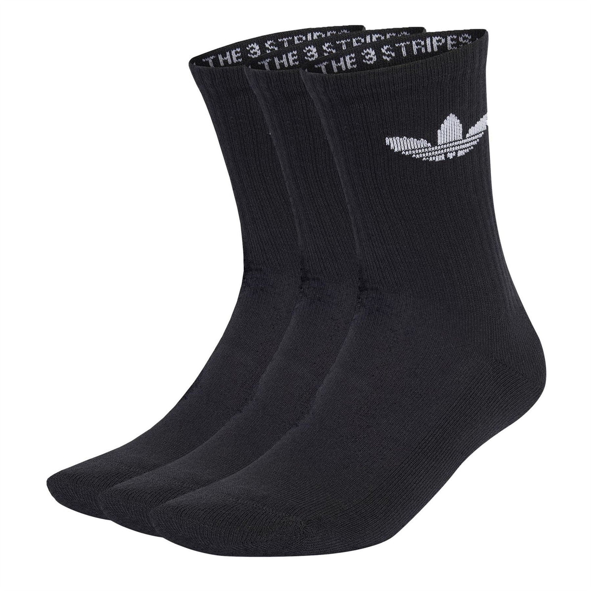adidas Originals black crew socks, ribbed knit with trefoil logo and striped cuff