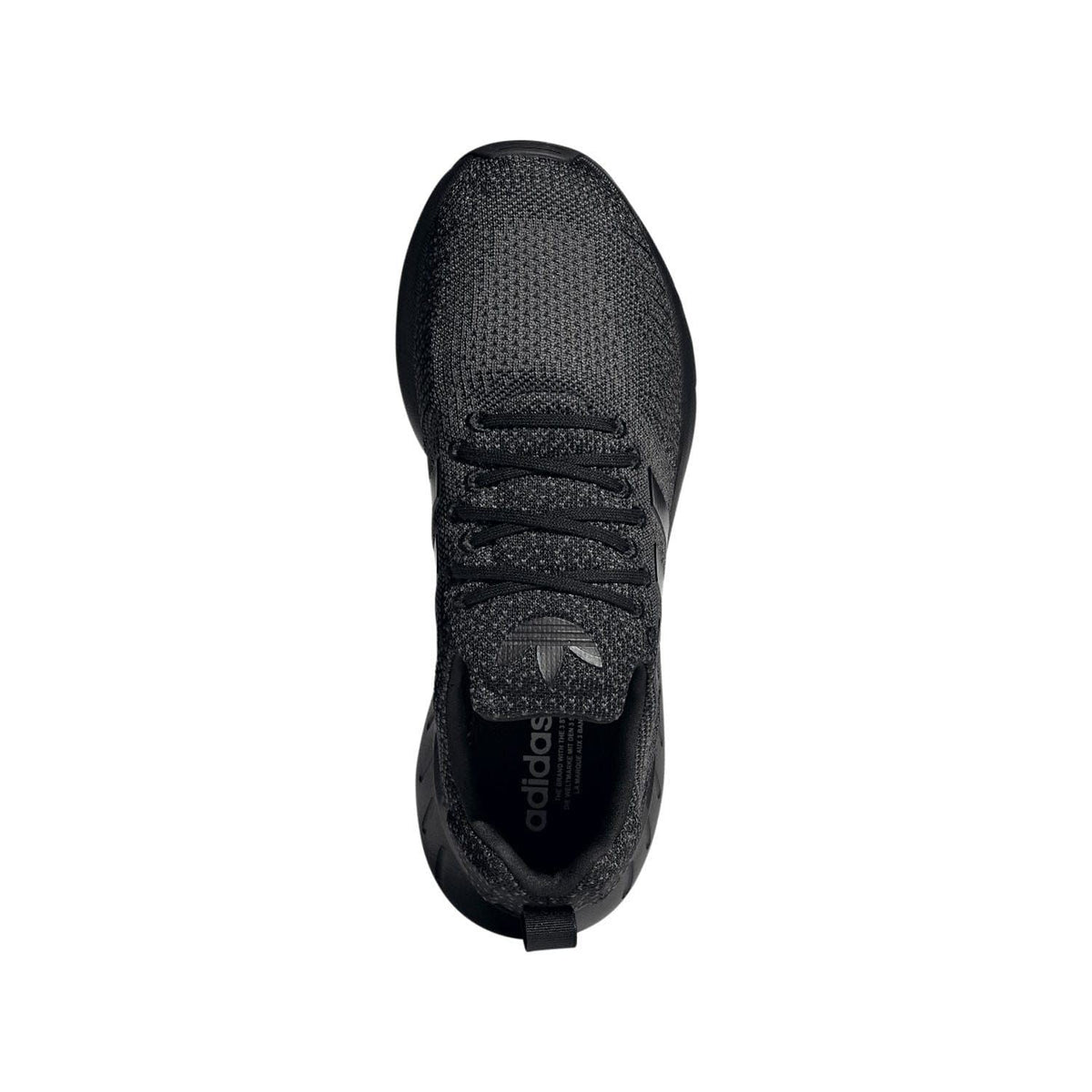 Black trainers heel view with cushioned collar and elastic-knit texture