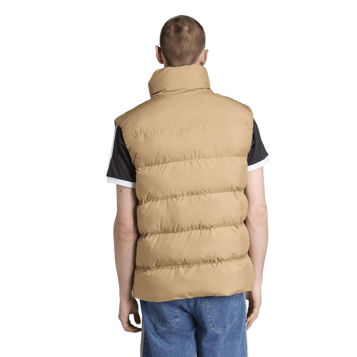 Men's tan puffer vest, back view with horizontal quilted panels