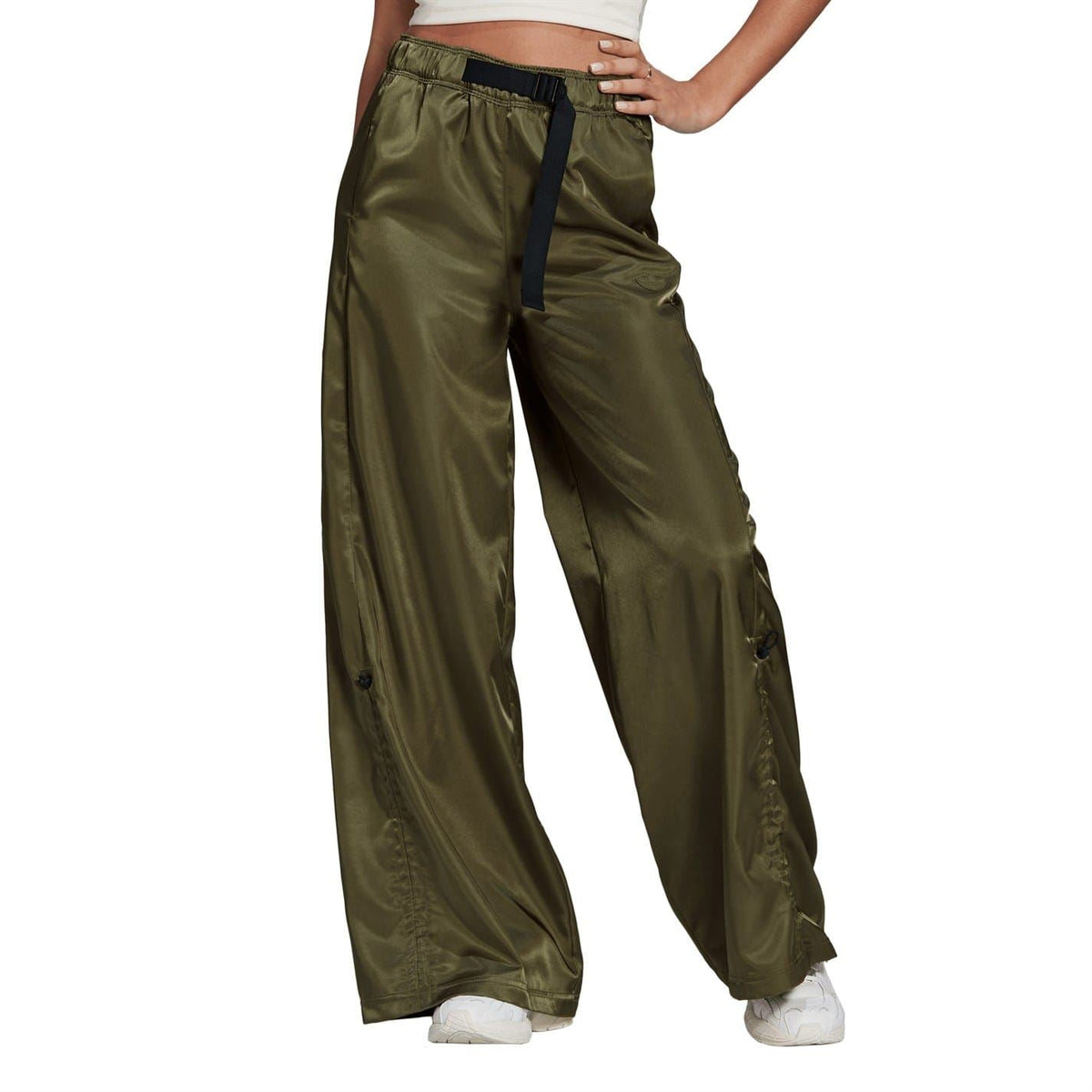Olive wide-leg cargo pants with side panels, drawcord details, and elastic waist