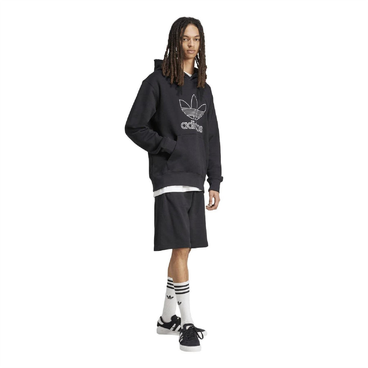 Black adidas Trefoil outline hoodie worn with black shorts