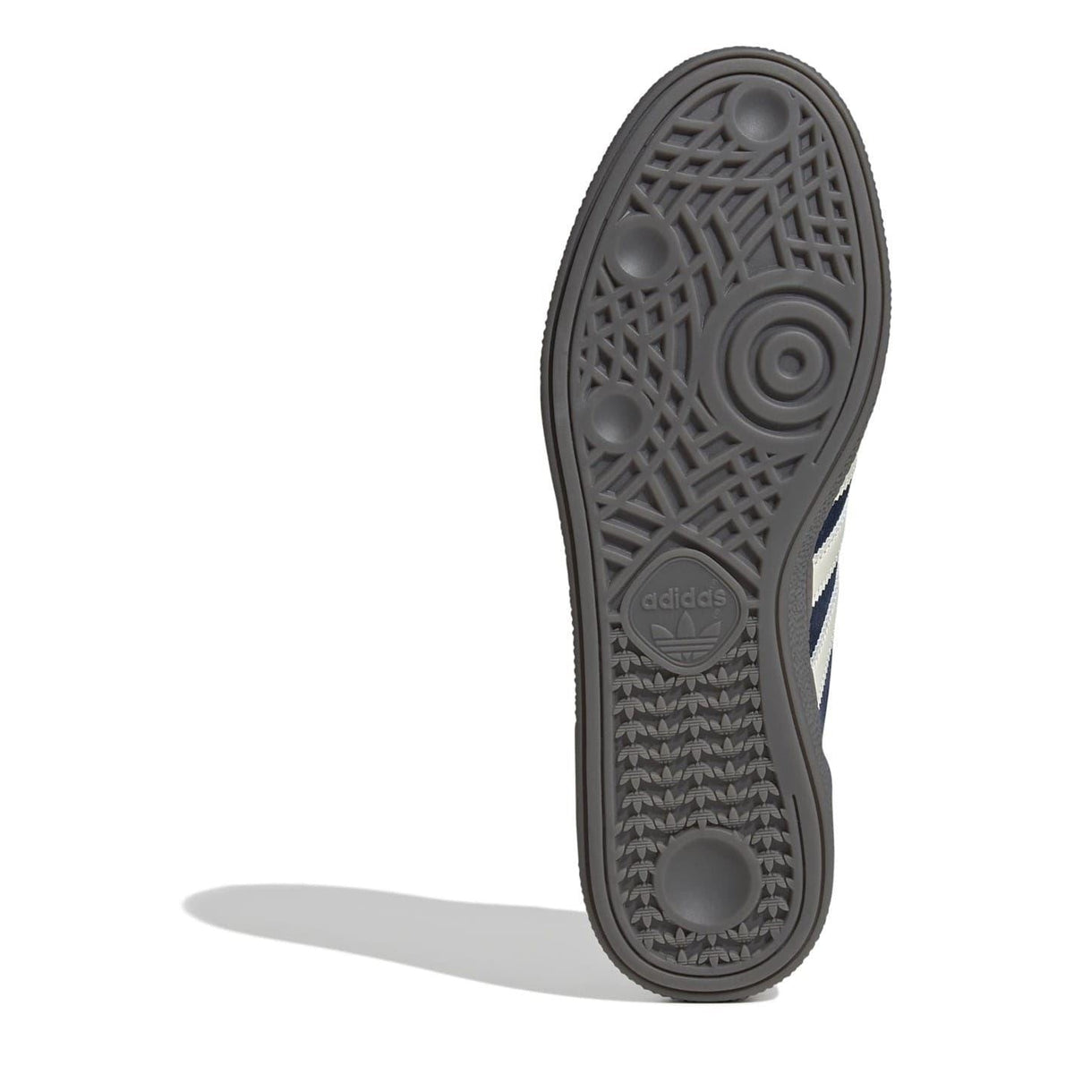 adidas low-top sneakers outsole view, dark rubber tread with navy and white stripes