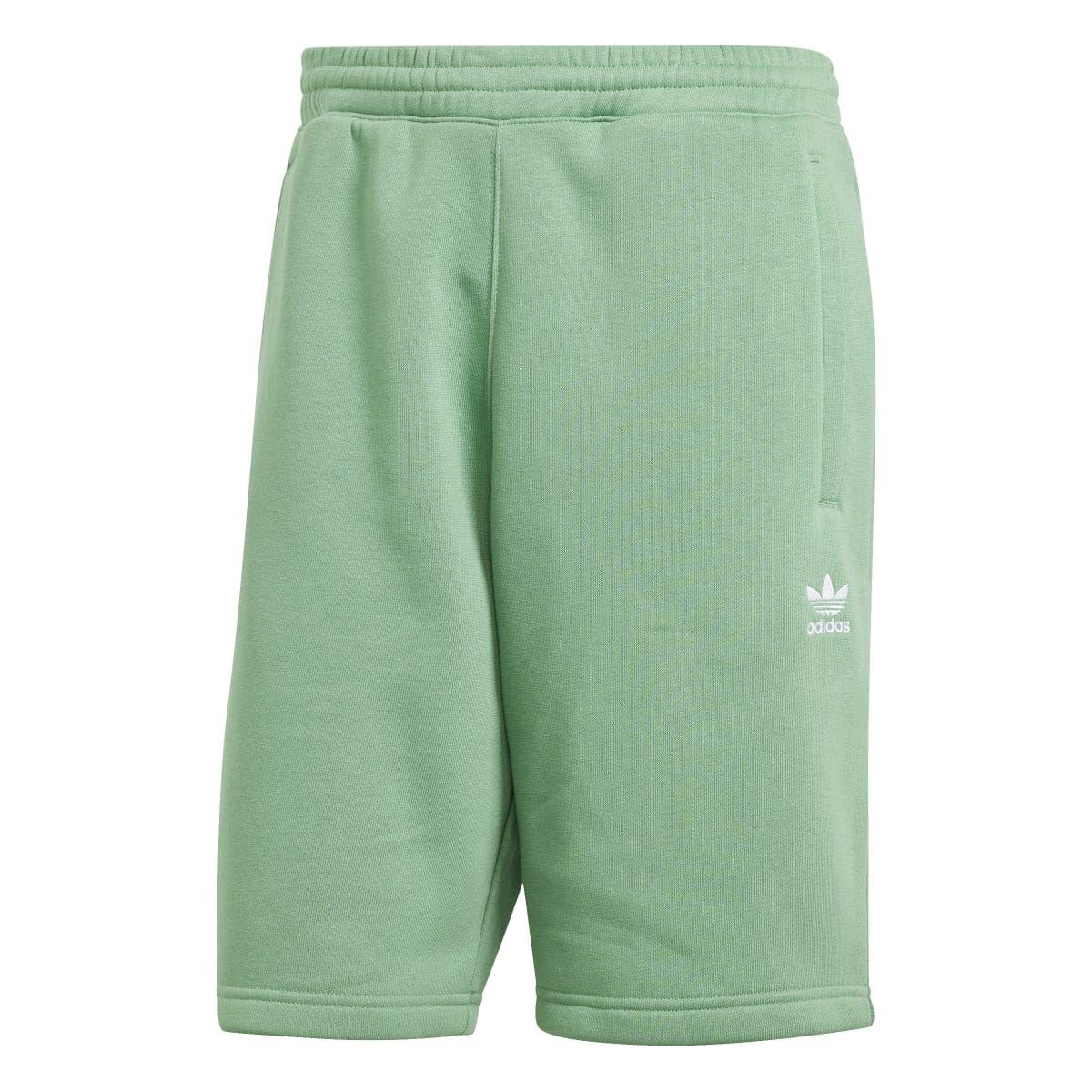 Green adidas trefoil essentials shorts with elastic waistband and side pockets