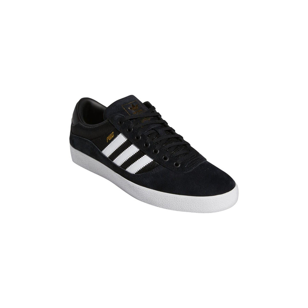 Black indoor trainer with white three-stripe design, lace-up closure, and white midsole.