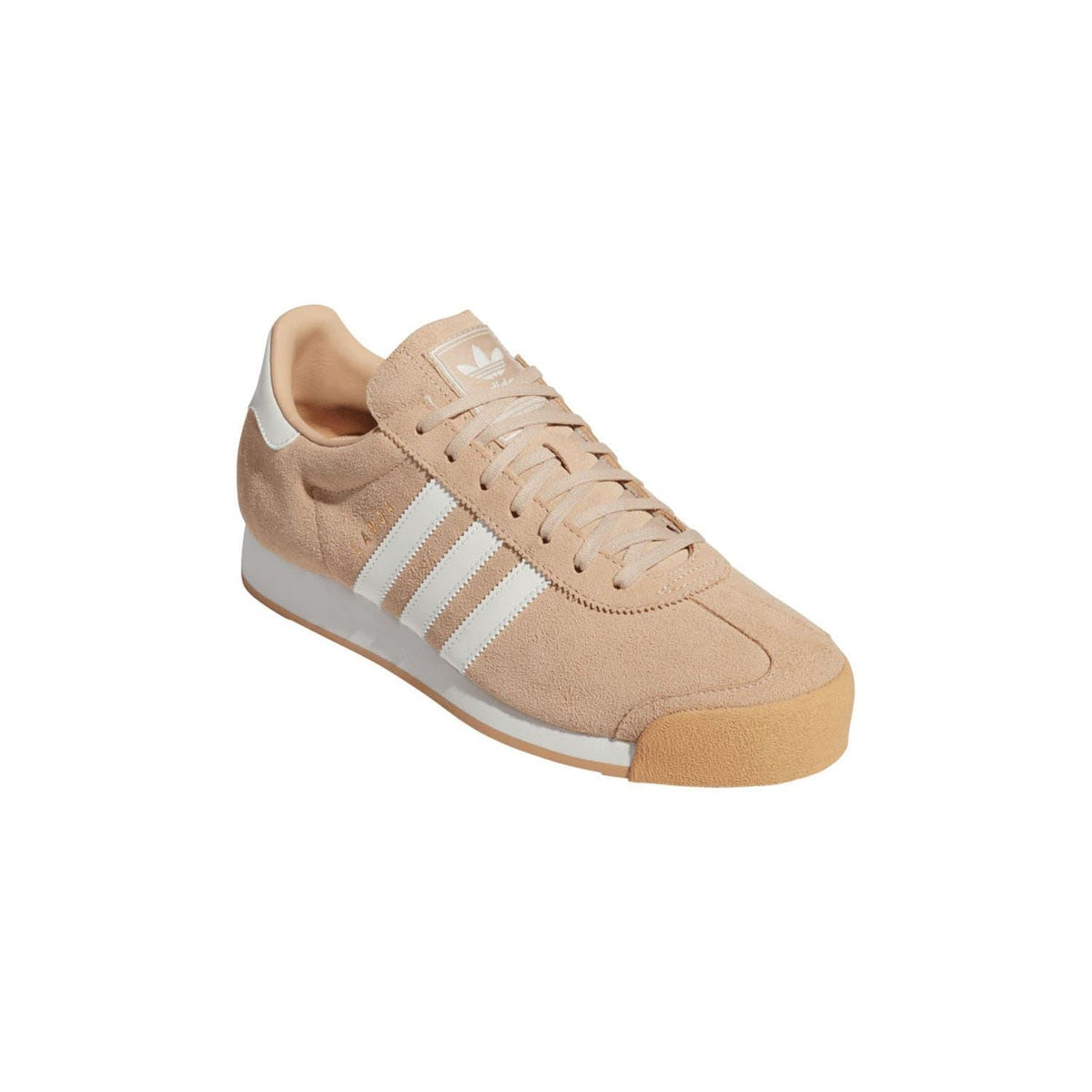 Beige adidas Samoa trainers in angled view with lace-up front and white stripes