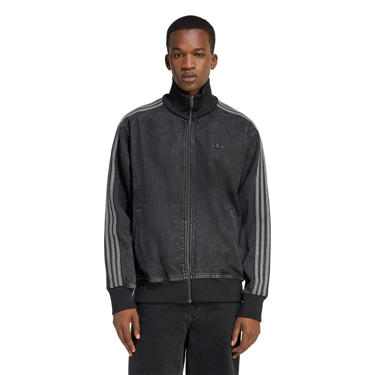 Dark denim funnel-neck athletic top with full-length zipper and triple stripe sleeves