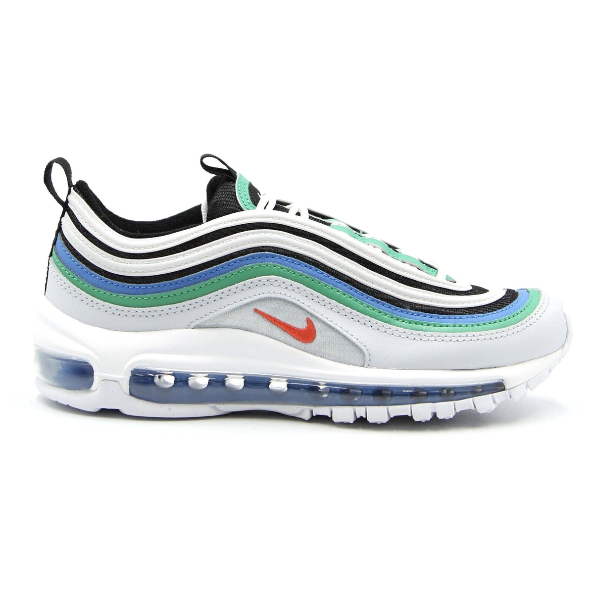 Kids running sneakers in white with black lining, mint/blue stripes, and Air Max sole