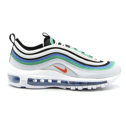 Kids running sneakers in white with black lining, mint/blue stripes, and Air Max sole