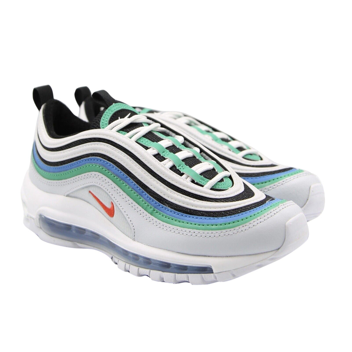Kids white Air Max 97 sneakers with black swoosh, mint green and blue triple stripes