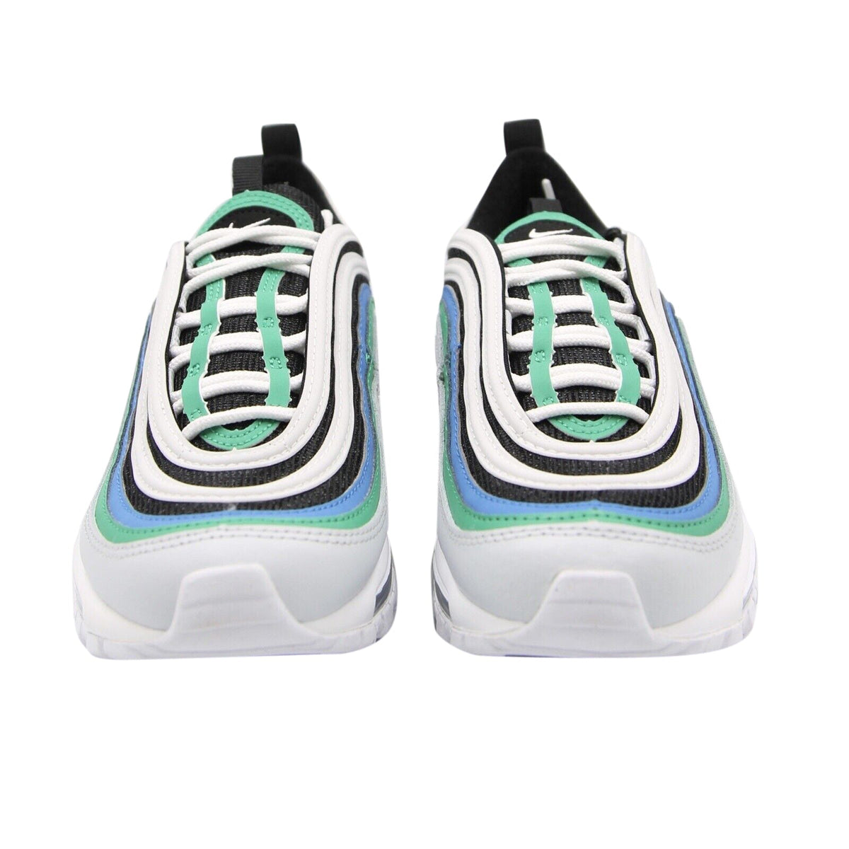 Pair of kids Air Max sneakers showing lace-up top: white with mint/blue trim and black collar