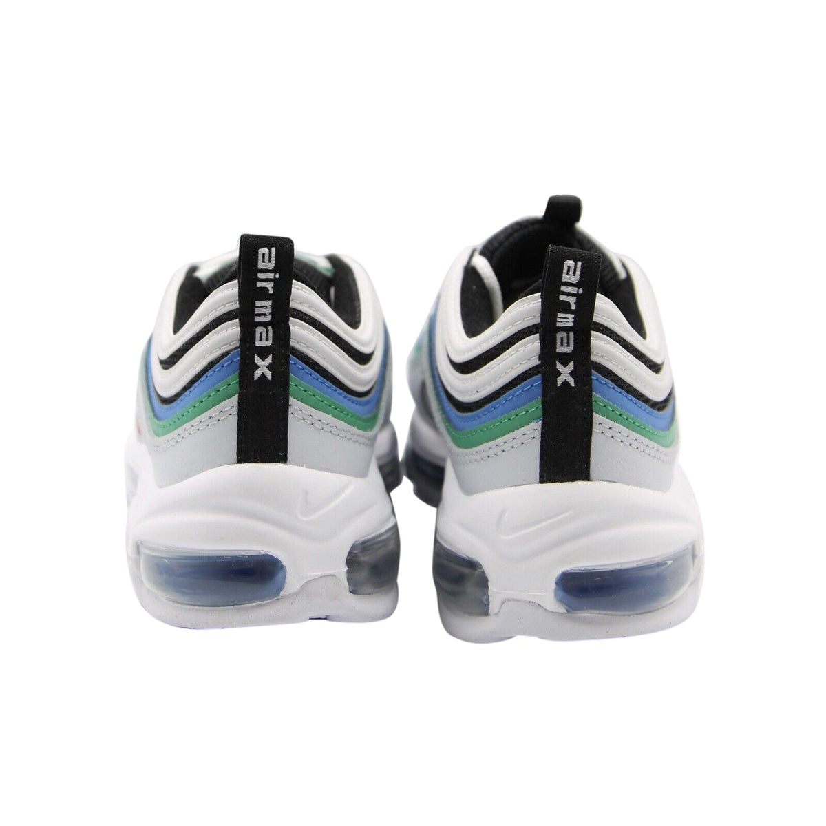 Kids Air Max sneakers rear view: white uppers with black heel tabs and teal/blue stripe details