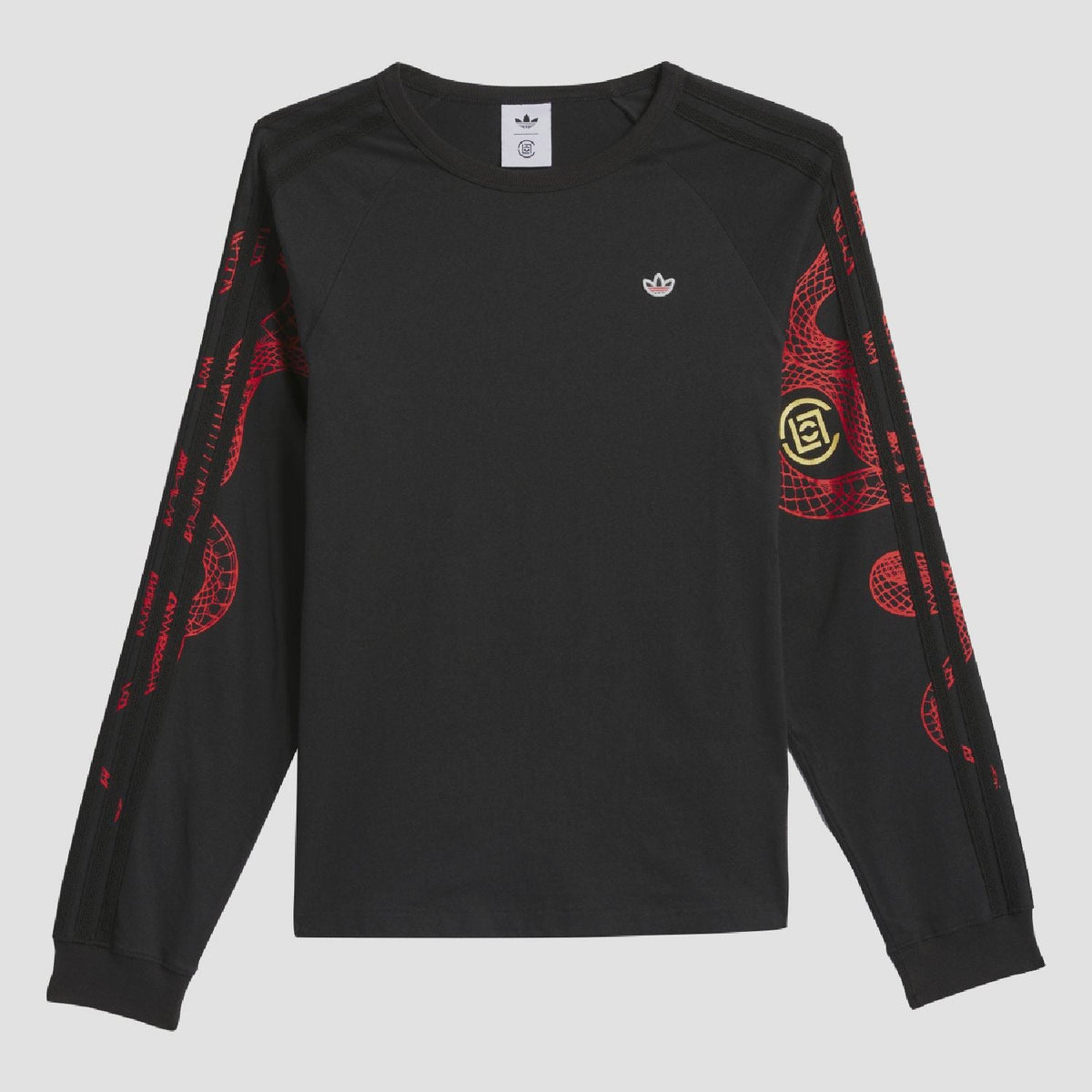 adidas Originals CLOT LNY long sleeve T-shirt in white with red and black graphic design, casual fit, front view