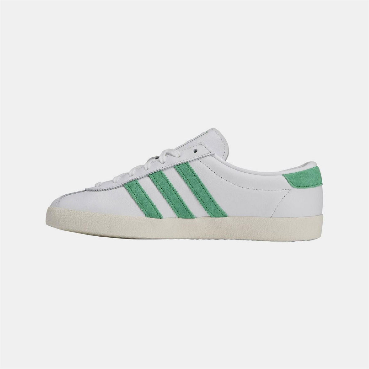 White low-top trainers with green side stripes and padded heel collar