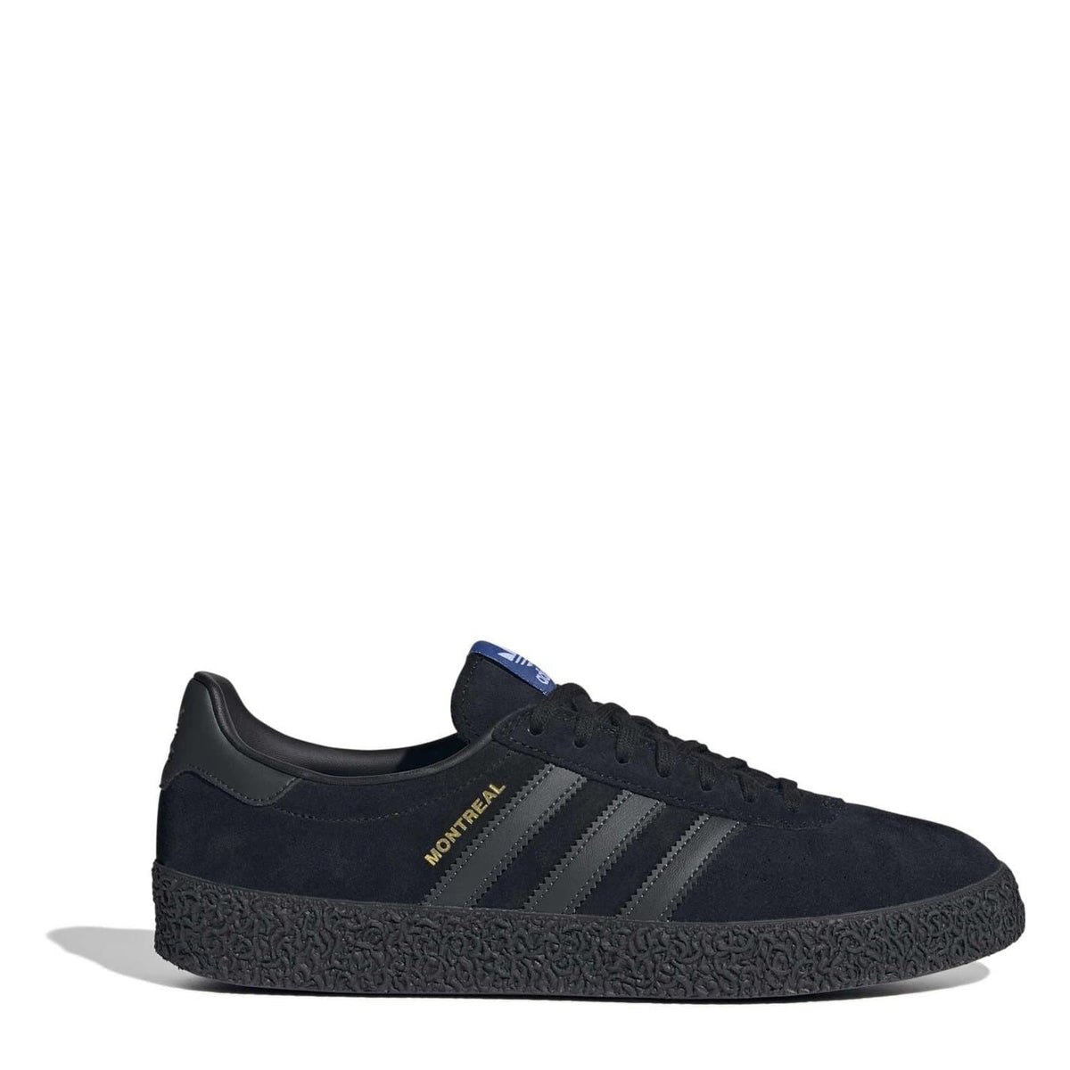 adidas Montreal trainers in dark black suede with three stripe overlays and textured sole