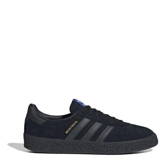 adidas Montreal trainers in dark black suede with three stripe overlays and textured sole