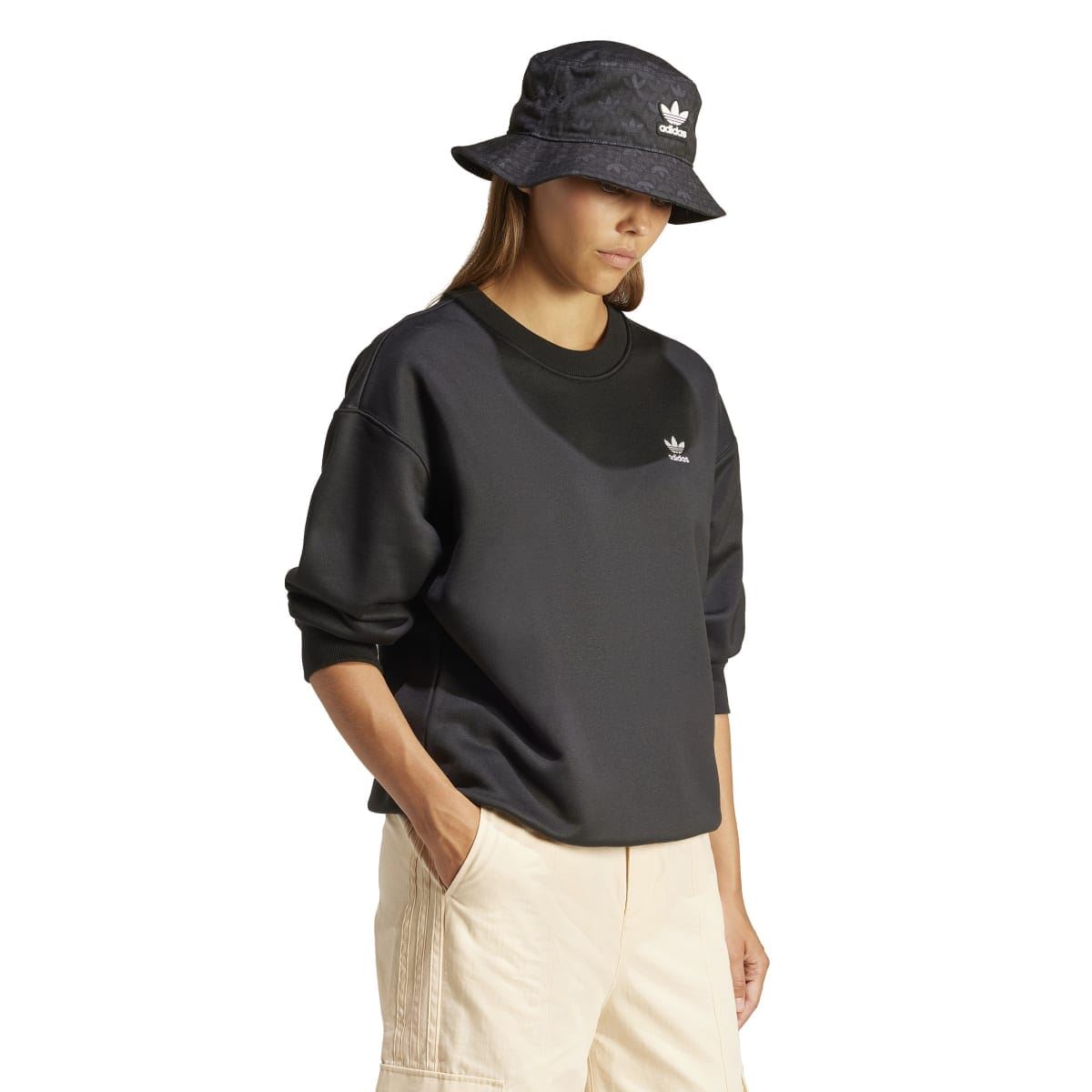 Black adidas Originals crew sweatshirt with small trefoil logo and three-quarter sleeves