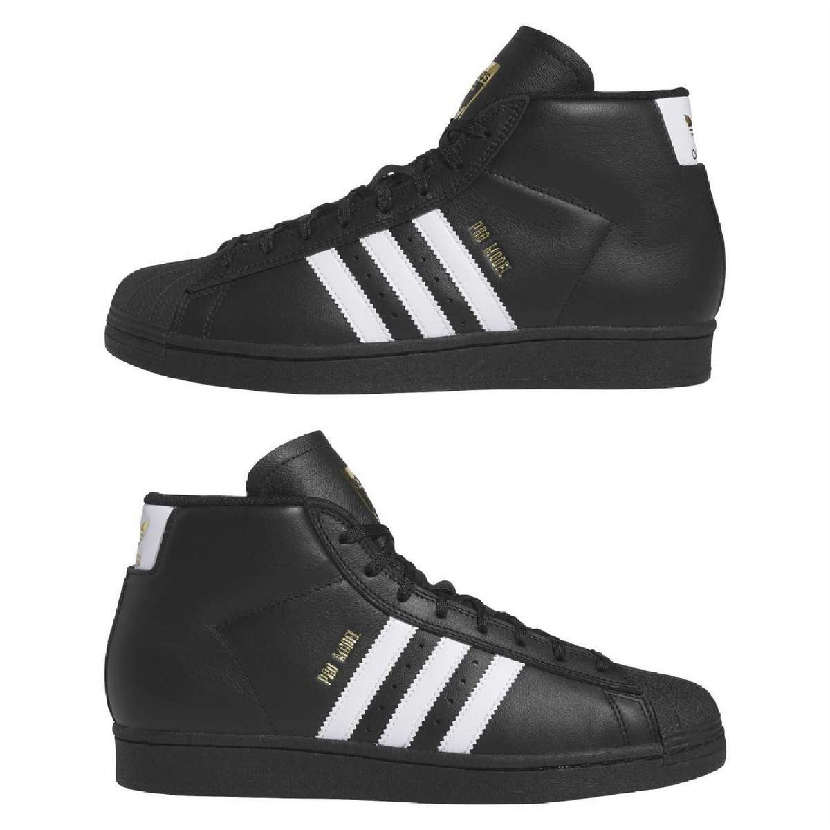 Black mid-top lace-up sneakers shown side-by-side with white three-stripe details