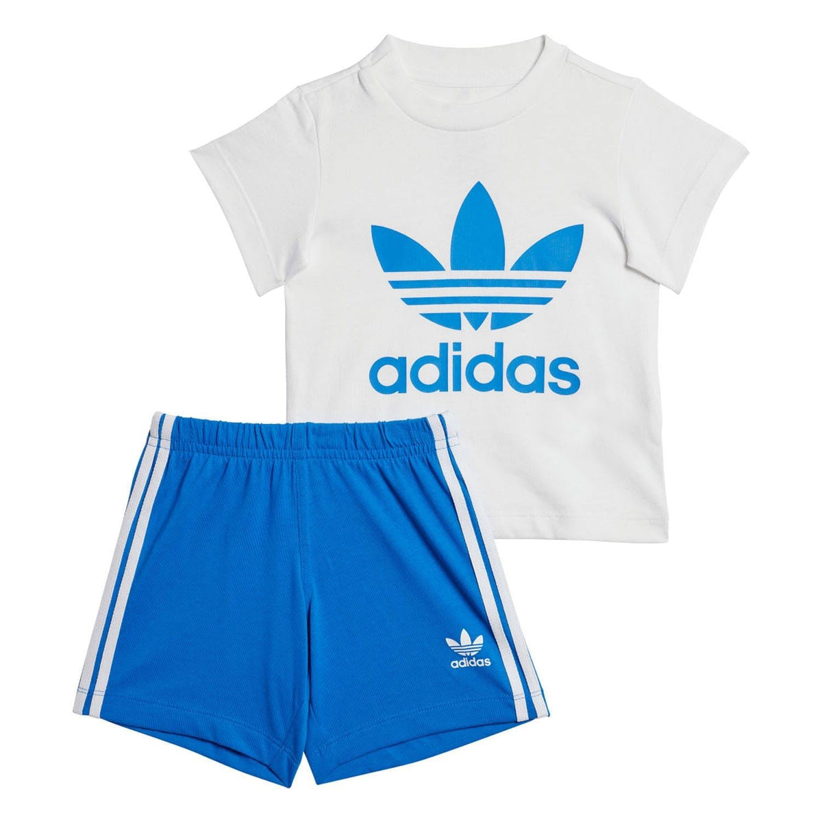 Infants adidas Originals T-shirt and shorts set with blue trefoil logo and stripes