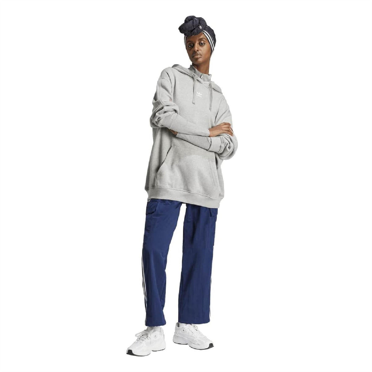 Light grey pullover hoodie with drawstring hood, front kangaroo pocket and cuffs
