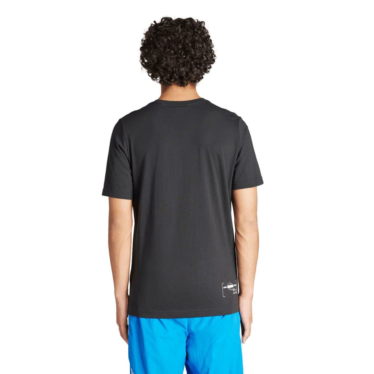 Men's black adidas Originals T-shirt, back view, small logo graphic at hem