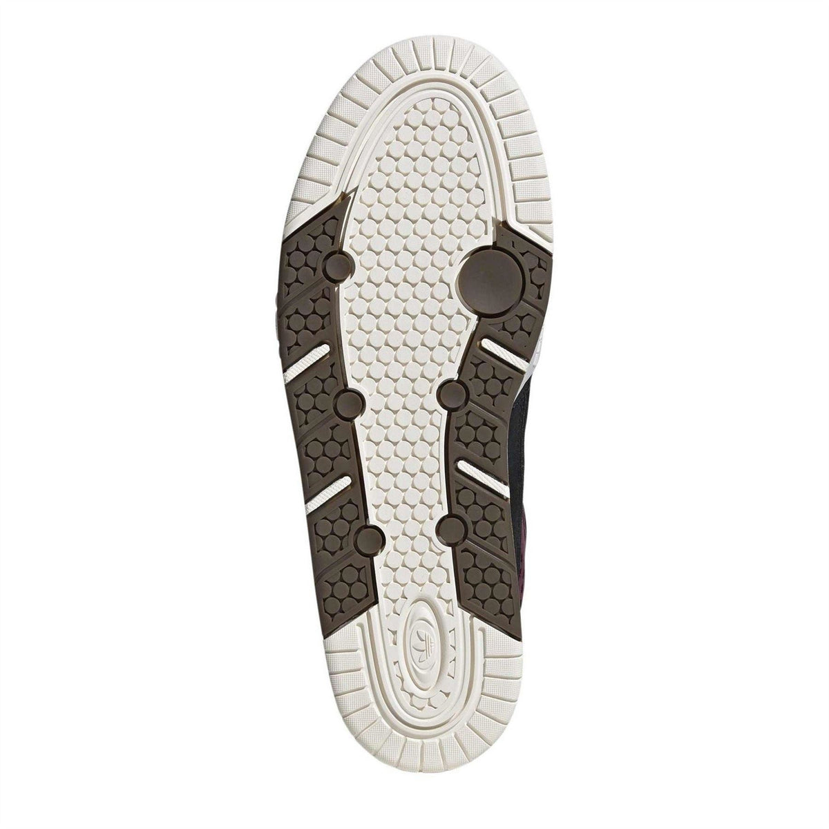 Rubber outsole with tread pattern, light gray base with dark traction sections