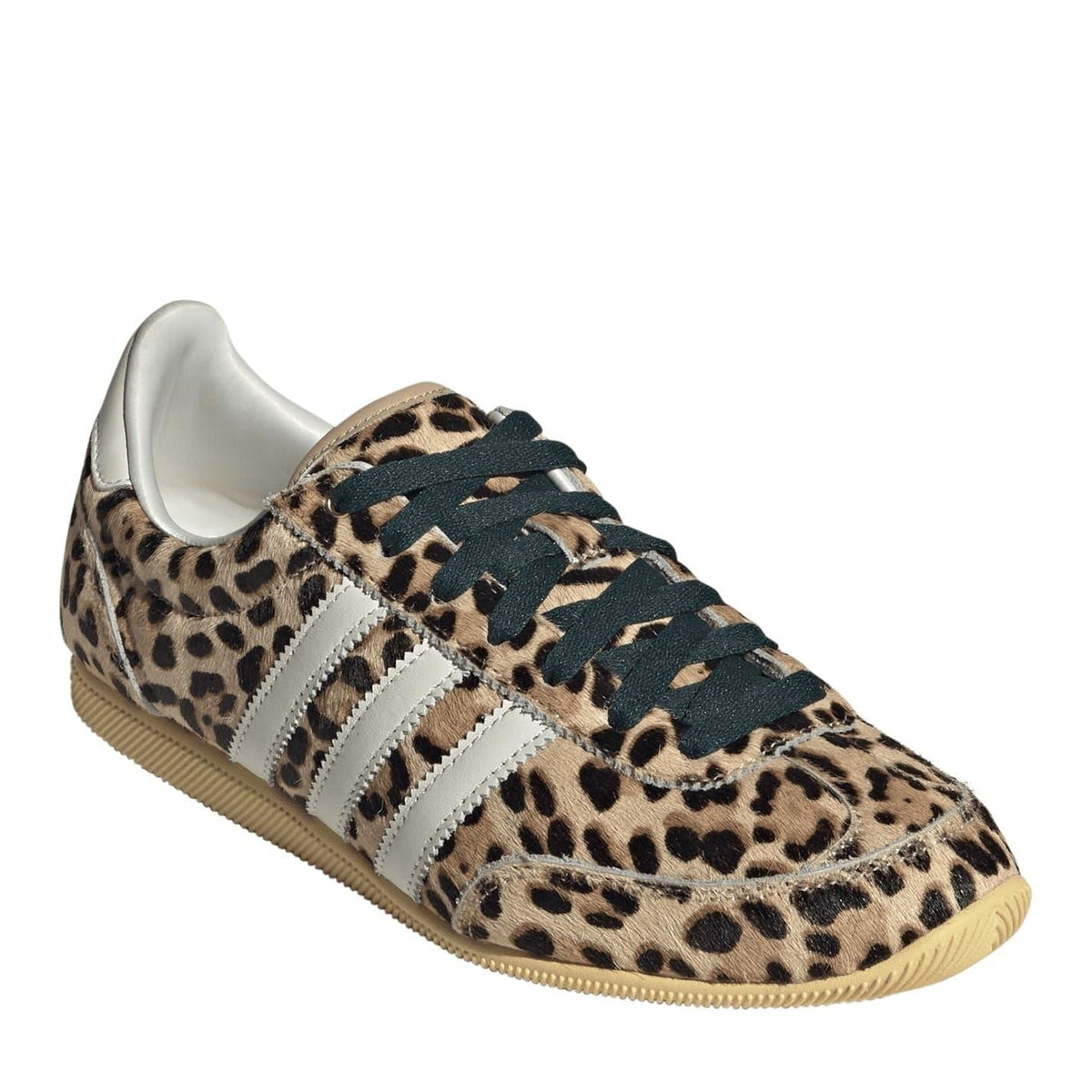adidas Originals Japan sneakers, leopard print with white stripes and dark teal lace accents
