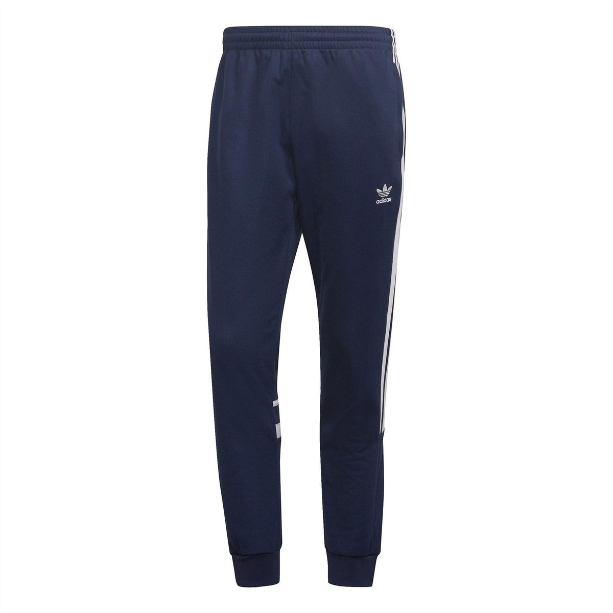 Navy athletic track pants with side stripes and adidas logo, regular fit