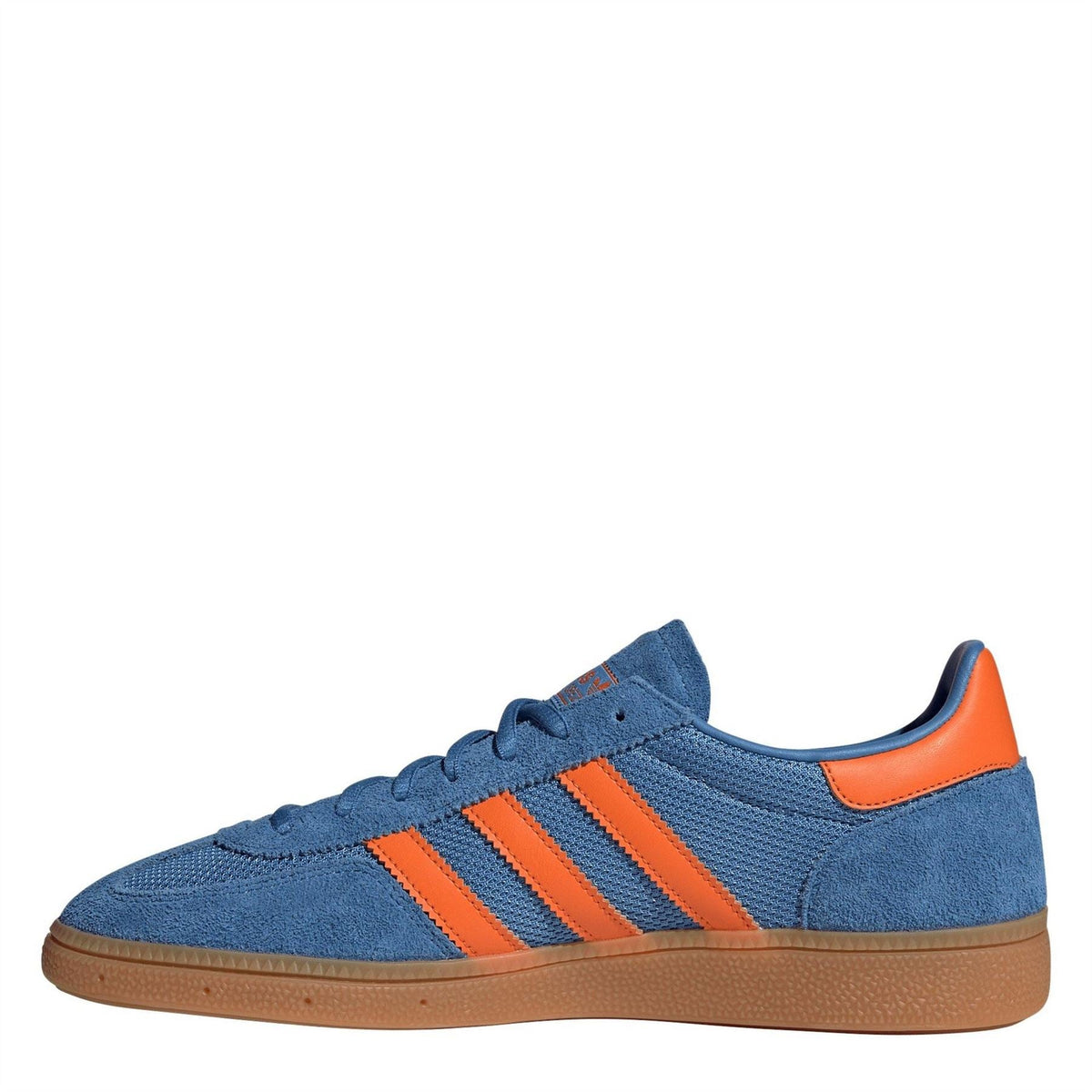 Blue suede-look Adidas sneakers with orange stripes, lace-up front, gum rubber sole